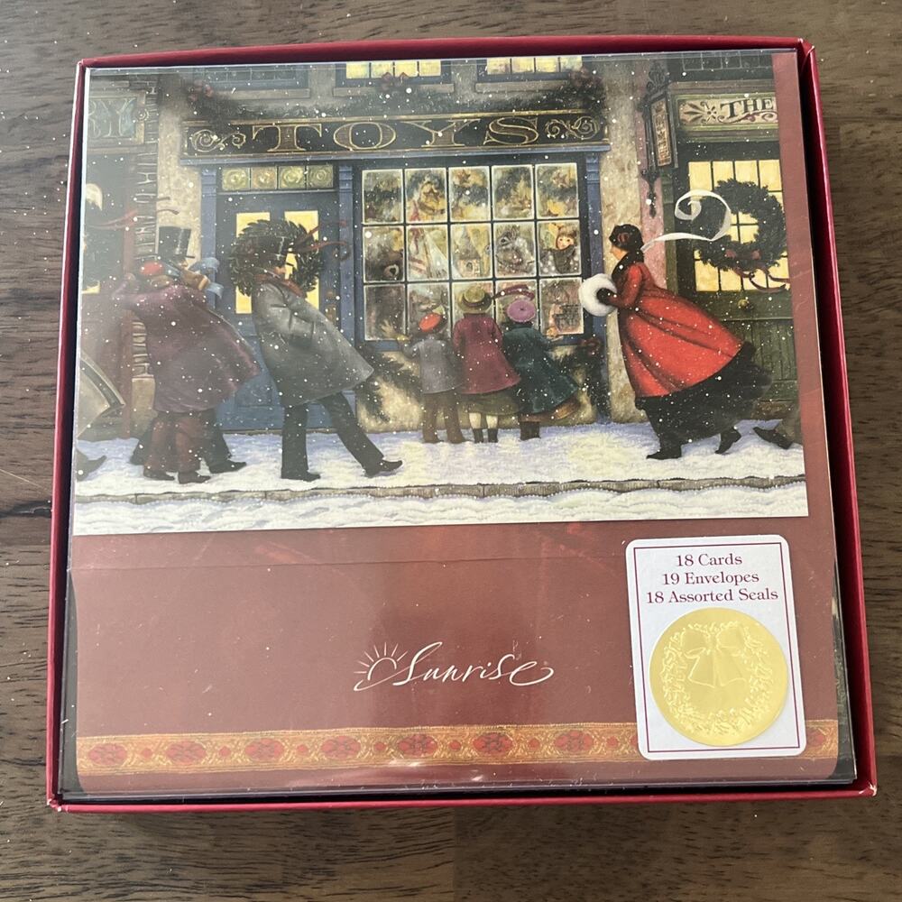 Sunrise Christmas Card Set W/ Envelopes & Gold Seal “Toy Shop” Theme Vintage NIB